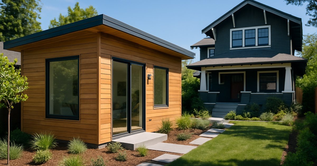 A detached backyard ADU with modern wood siding behind a craftsman home in Oakland, CA