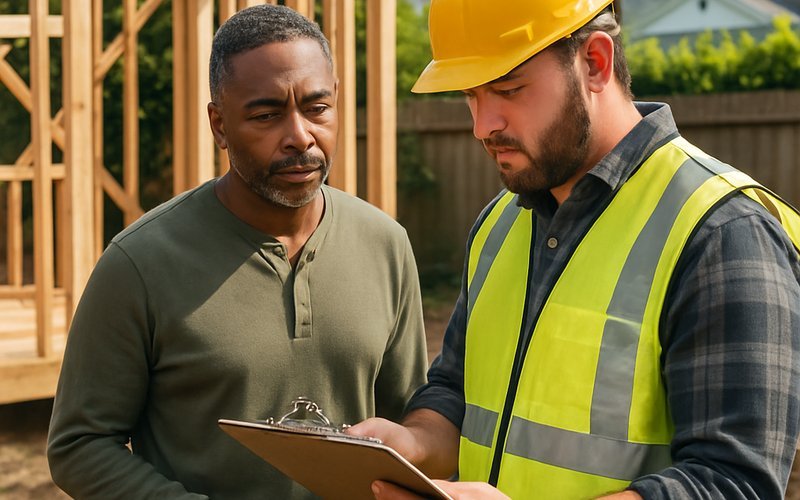Oakland homeowner reviewing ADU build cost estimate with contractor in backyard next to framing structure