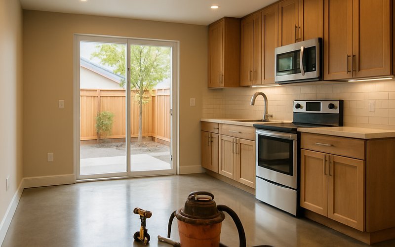 Interior of a custom ADU build in Oakland CA showing open-plan kitchen living area with concrete floors and sliding glass door