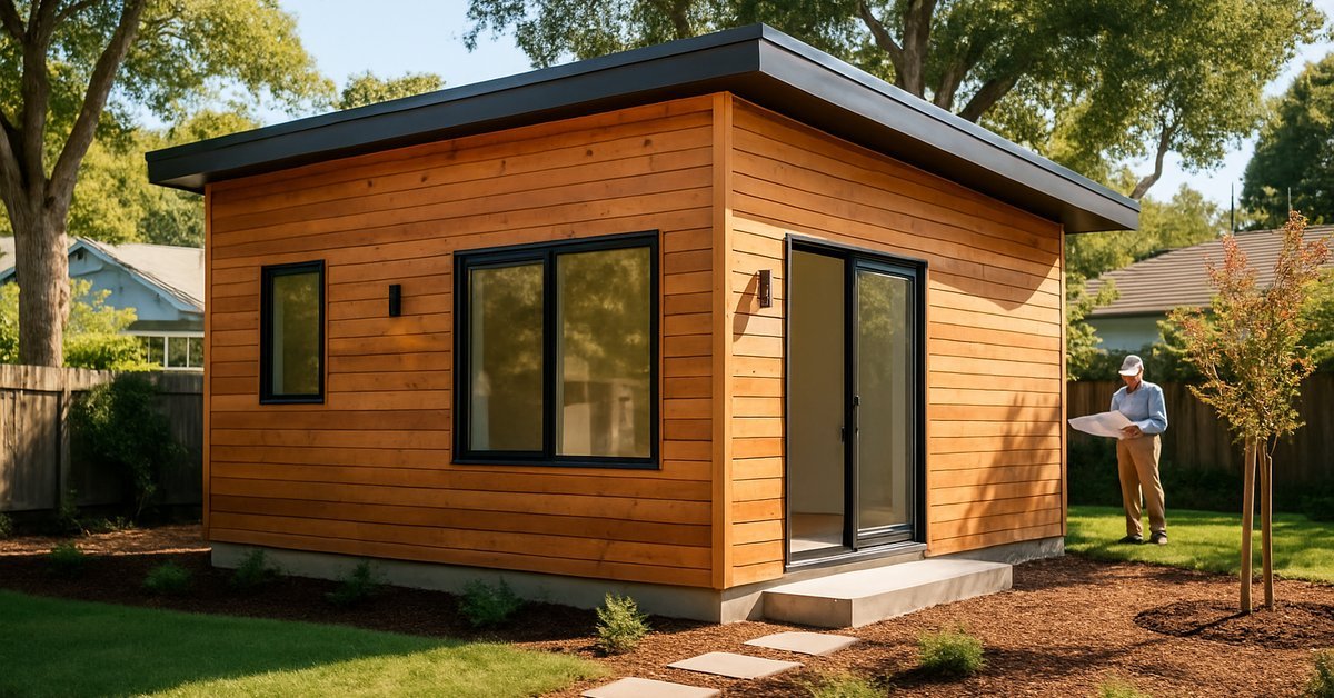 A finished detached backyard ADU built by Oakland CA ADU builders with modern siding and large windows in a residential neighborhood
