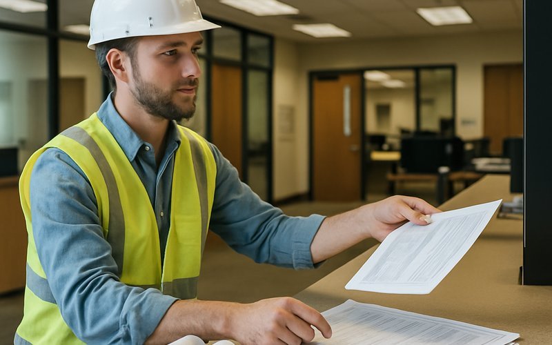 ADU builder submitting permit applications at Oakland Planning and Building Services Department counter