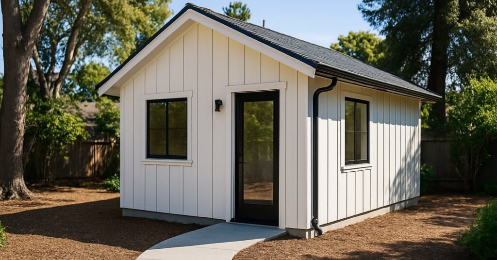A finished detached ADU built by Oakland ADU builders in the Parkland neighborhood, featuring modern siding and a landscaped backyard path