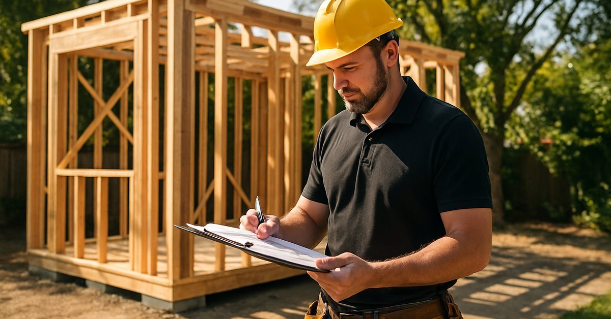 A contractor reviewing ADU construction plans in an Oakland backyard with a newly framed detached unit visible behind them