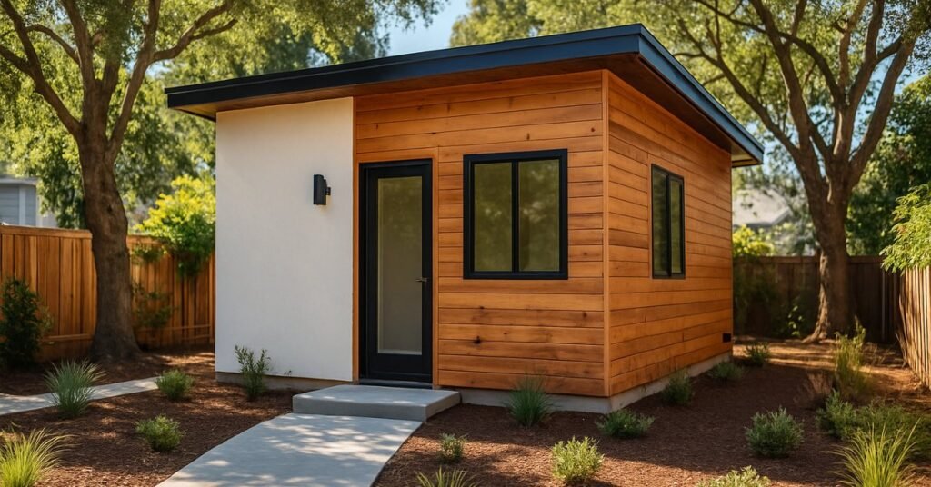A finished detached ADU in an Oakland backyard with modern exterior finishes and landscaped pathway