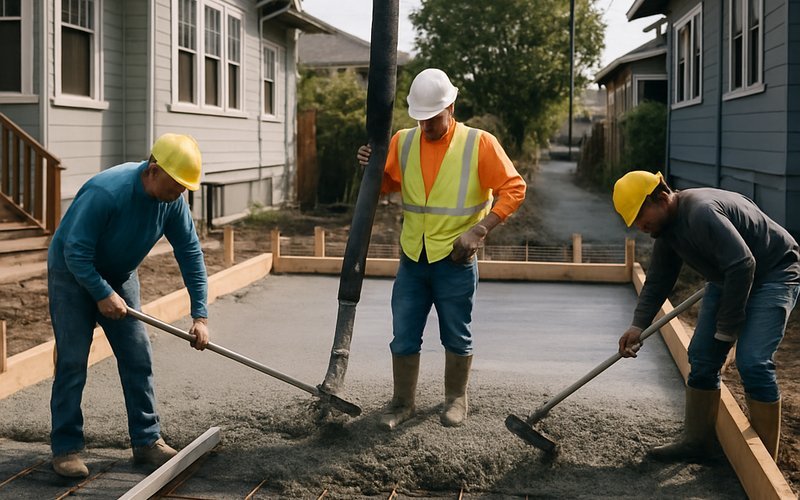 ADU construction crew working on a foundation in a dense Oakland neighborhood with Craftsman homes and limited access visible