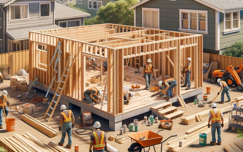 Active ADU construction site with wooden framing and workers in progress