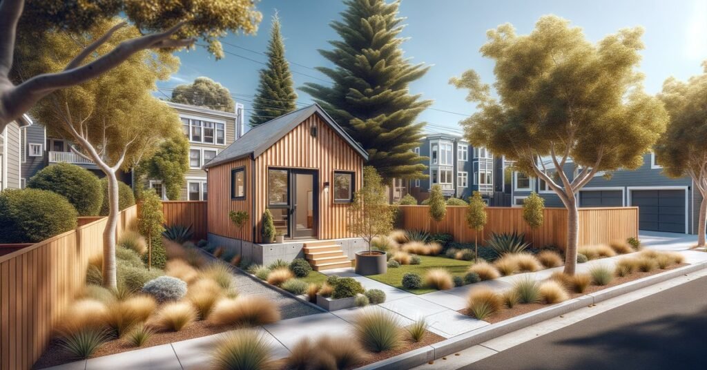 Newly completed detached backyard ADU with modern finishes in an Oakland CA residential neighborhood