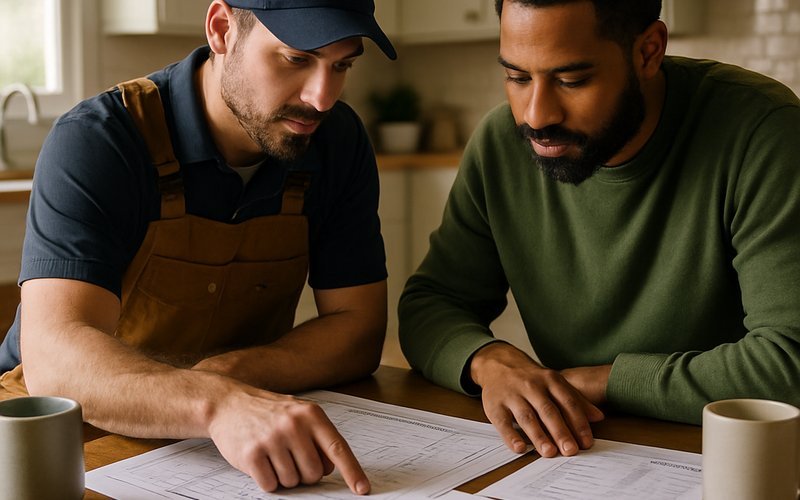 Homeowner and ADU contractor reviewing cost estimates for different ADU types in an Oakland home