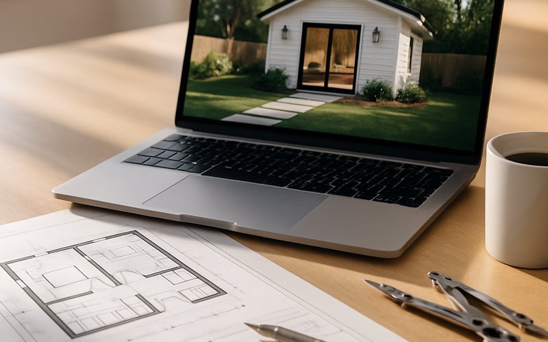ADU floor plans and 3D design renderings on an architect's desk for a custom Oakland ADU project