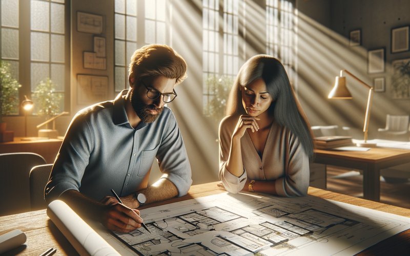 Architect and homeowner reviewing ADU design blueprints at a wooden table