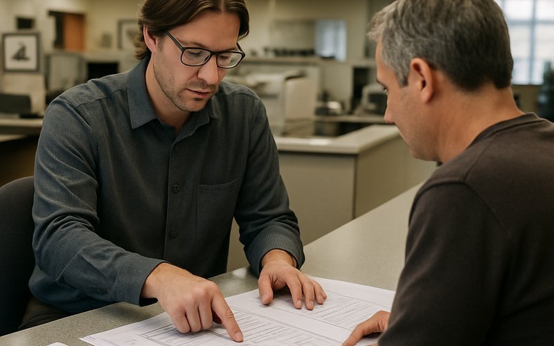 Homeowner submitting ADU permit documents at Oakland's Planning and Building Services Department counter