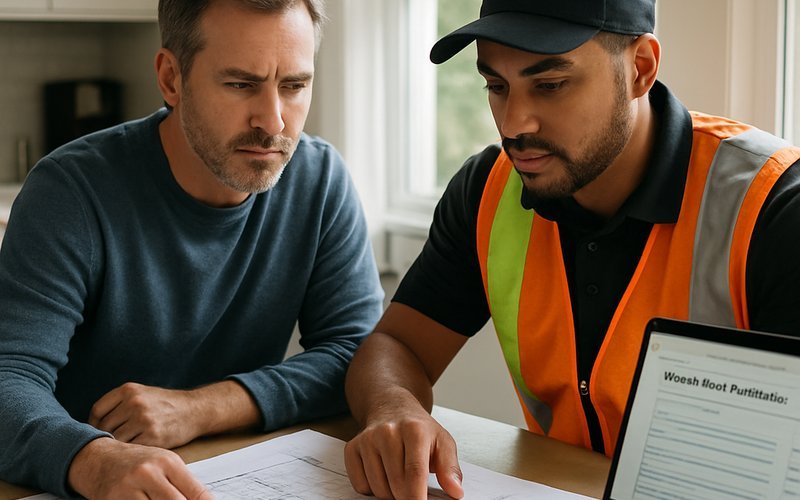 Homeowner and ADU contractor reviewing permit drawings and Oakland Planning and Building Services documents at a kitchen table