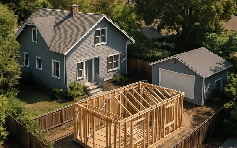 Aerial view of an Oakland residential lot with a detached ADU under construction showing setback distances