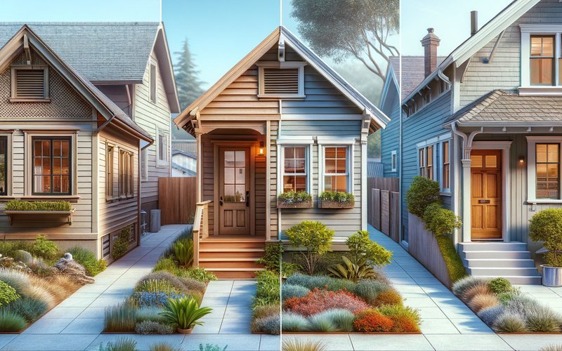 Three ADU construction types displayed: detached cottage, attached unit, and garage conversion in Oakland homes