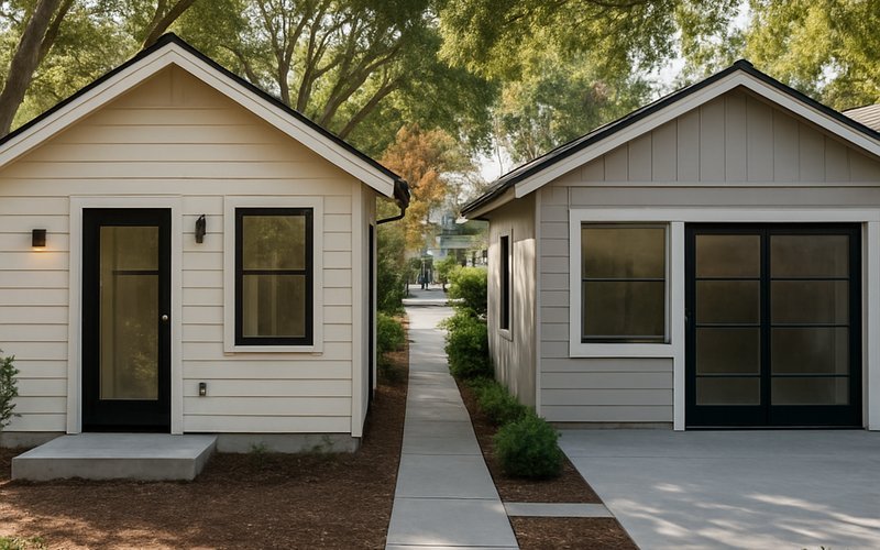 Detached backyard ADU and garage conversion ADU side by side in an Oakland residential neighborhood showing two common ADU construction types