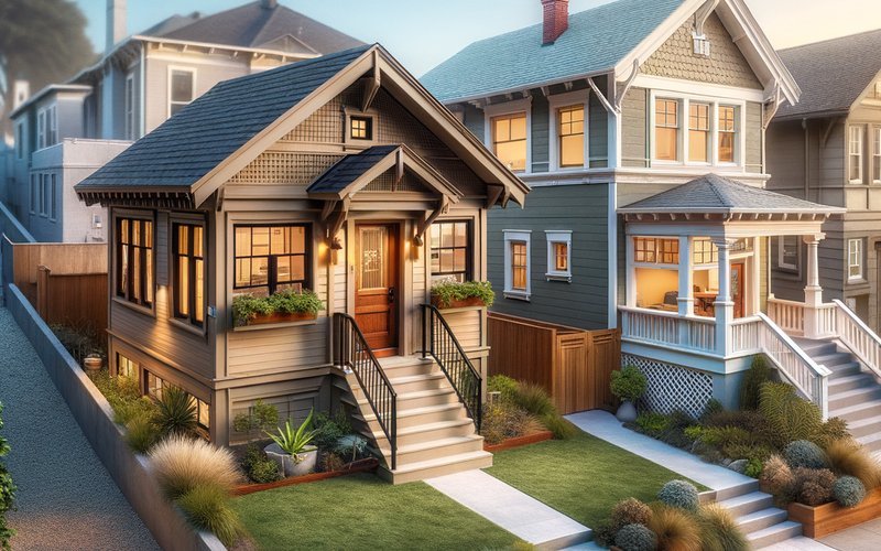 Side-by-side comparison of detached ADU cottage and attached ADU on Oakland homes