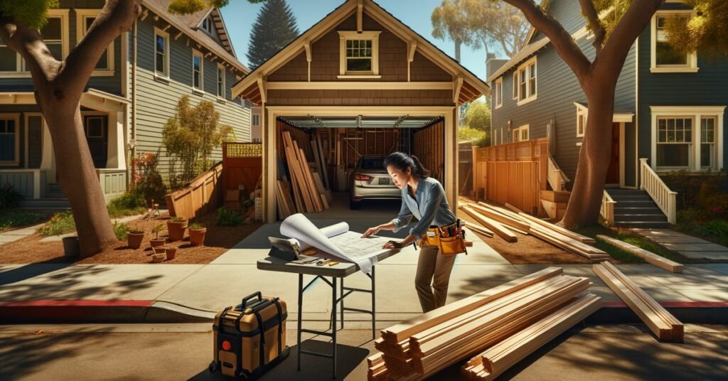 A garage being converted into an ADU in Oakland with a contractor reviewing plans outside the structure