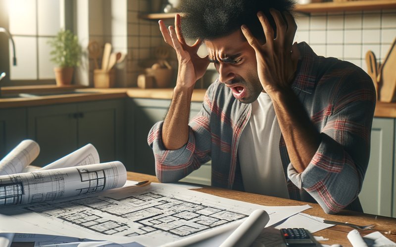 Homeowner reviewing ADU blueprints and paperwork with confused expression