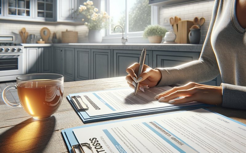 Homeowner comparing multiple Oakland ADU builder proposals side by side on a kitchen table