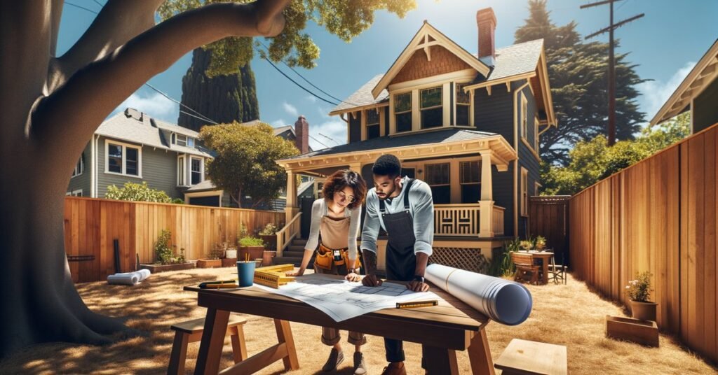 Homeowner and contractor reviewing ADU building plans in an Oakland backyard before hiring an ADU builder