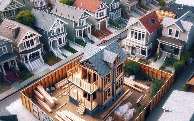Overhead view of Oakland neighborhood showing detached ADU under construction in residential backyard