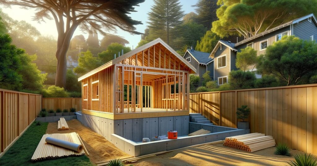 Detached backyard ADU under construction in an Oakland residential neighborhood showing wood framing and foundation work