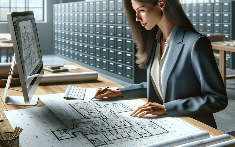Architect reviewing ADU blueprints and planning documents at desk