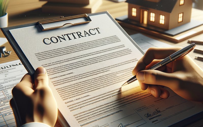 Hands holding construction contract and pen ready to sign with permits on desk