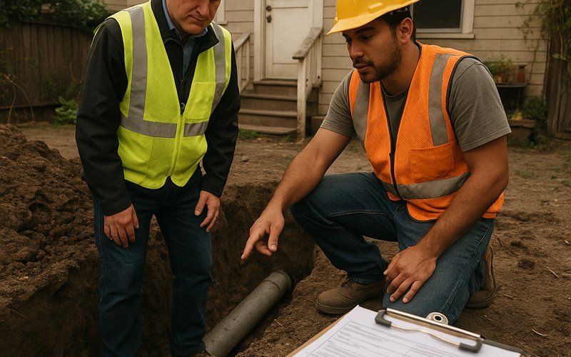 Alameda building inspector reviewing sewer lateral and permit requirements for an ADU project on the island