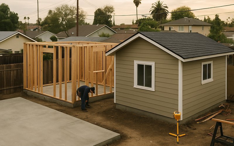 Phases of an ADU construction timeline in Emeryville CA from foundation to framing to finished exterior