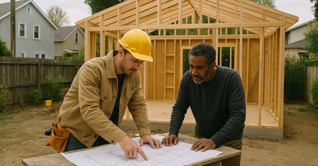 Contractor and homeowner reviewing an ADU construction timeline for a project in Emeryville CA