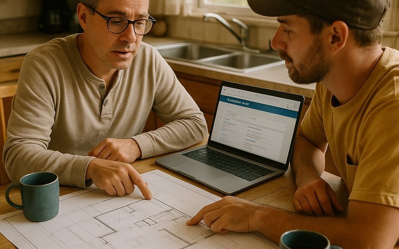 A homeowner reviewing ADU permit plans with a contractor in Oakland as part of the ADU builders permit process