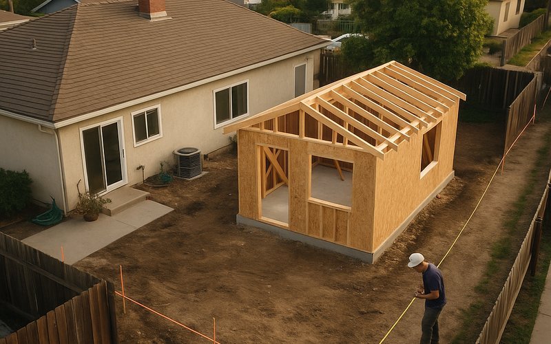Backyard ADU construction showing setback distance from property line under Alameda ADU permit requirements 2026