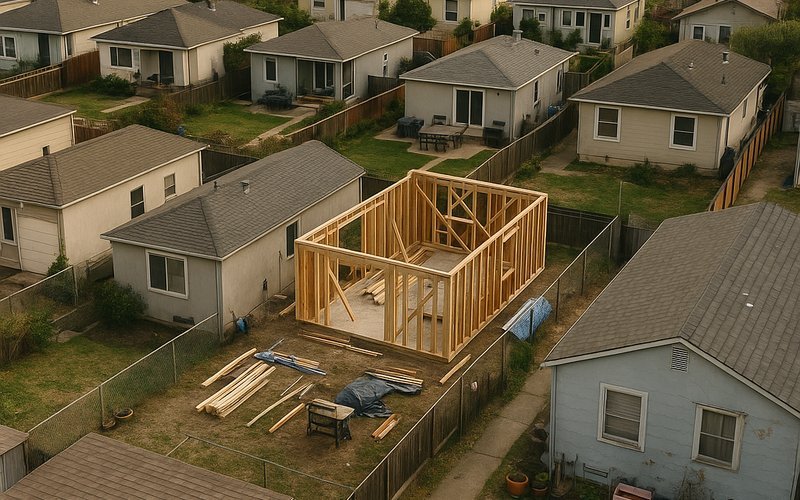 Narrow residential lots on Bay Farm Island in Alameda, CA showing space available for backyard ADU construction
