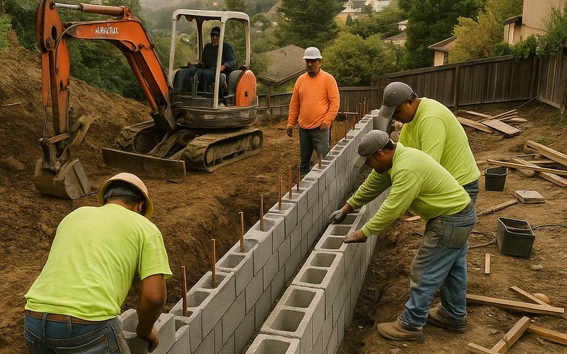 A sloped hillside lot in Montclair, Oakland being prepared for a backyard ADU foundation, showing added grading cost