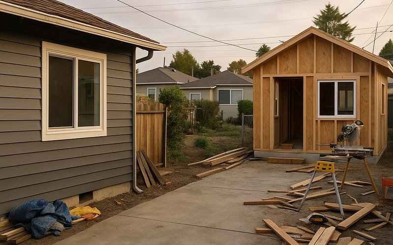 Comparison of a detached backyard ADU and a garage conversion ADU on an Oakland flatlands property